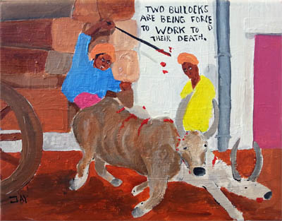 Bad Painting by Jay Rechsteiner, Two bullocks are being forceed to work to their death.