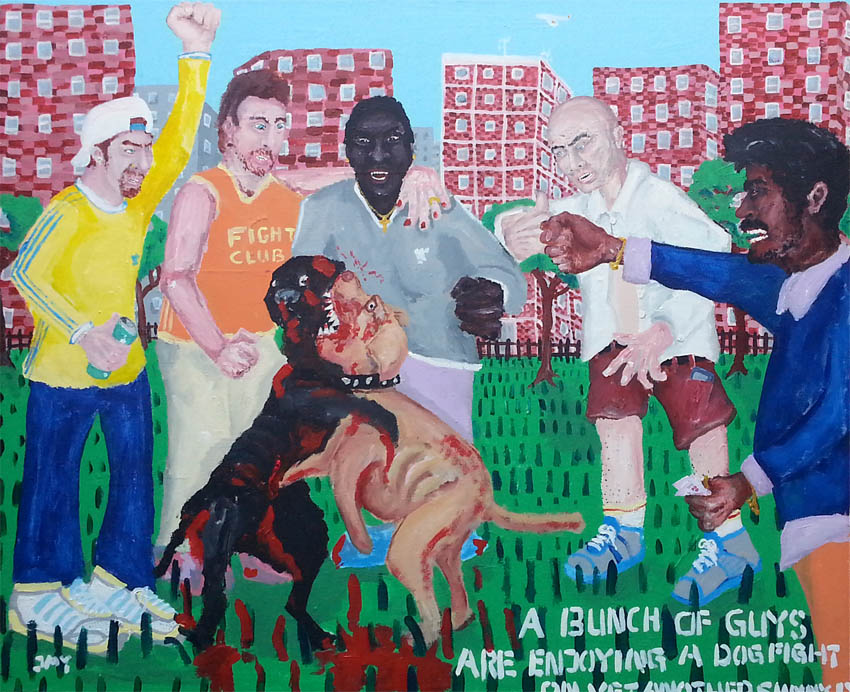 Bad Painting by Jay Rechsteiner, A bunch of guys are enjoying a dog fight on yet another sunny day. (Hackney Downs, London) 